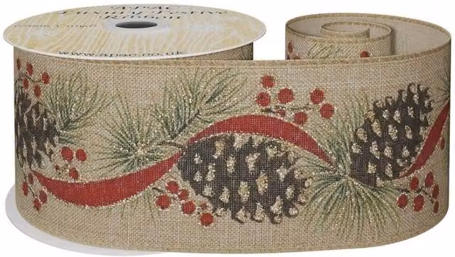 KDMD Natural Floral Ribbon in Beige with Cones, Width: 6.3 cm – 1