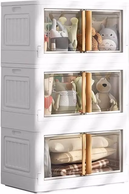 SPETLEK 3-Piece Stackable and Foldable Plastic Clothes Organiser in White and Transparent, Large – 1