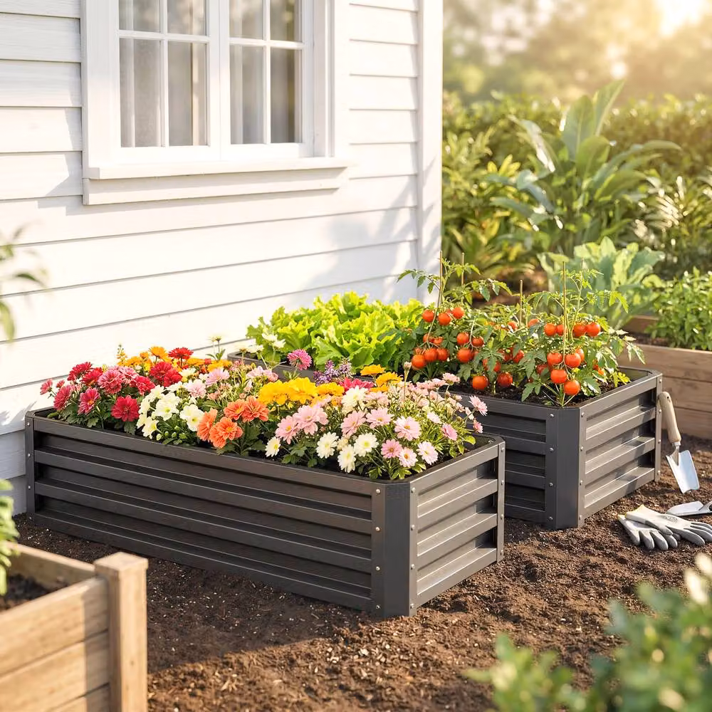 STILVORA Set of 2 Steel Garden Planter Boxes, Grey, W: 110 cm x D: 45 cm x H: 30 cm – 6