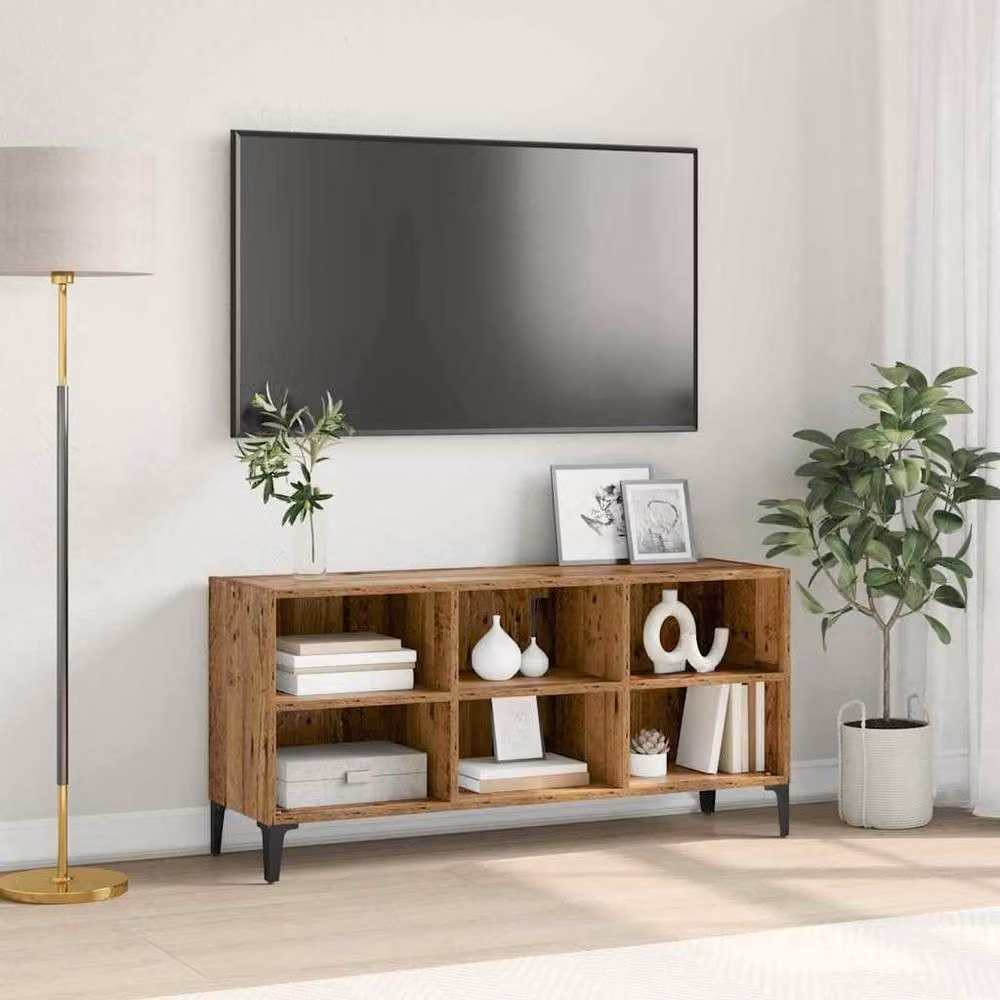 Berkfield Home Old Wood Rustic TV Stand in Brown with Media Compartments and Metal Accents – 2