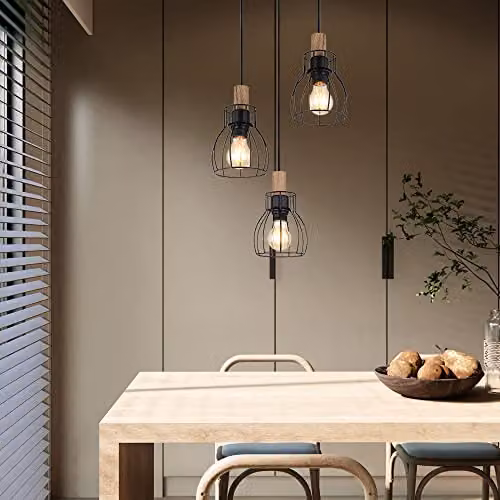 Globo Lighting Vintage Pendant Light in Brown and Black with Wood and Metal Cage Shades, 3x E27, Diameter: 35.5 cm, Height: 120 cm – 4