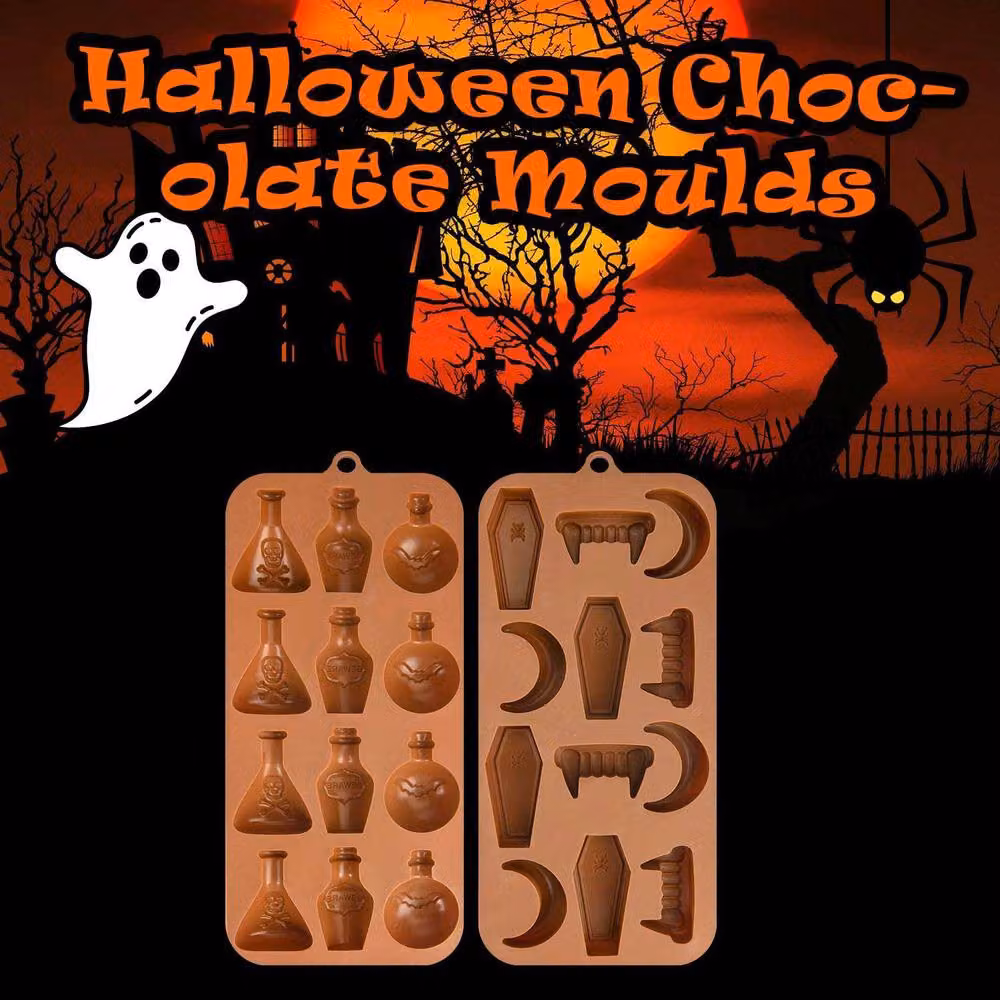 VFM e-Store Halloween Chocolate Moulds with Fun Designs, Brown, W: 27 cm, D: 10 cm, Pack of 2 – 3