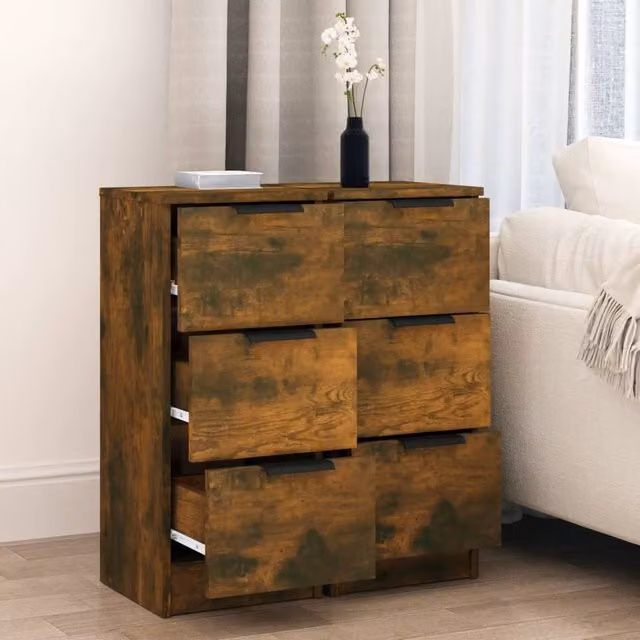 Berkfield Home Set of 2 Smoked Oak Sideboards in Brown, Engineered Wood, W/D/H: 30 x 30 x 70 cm – 1