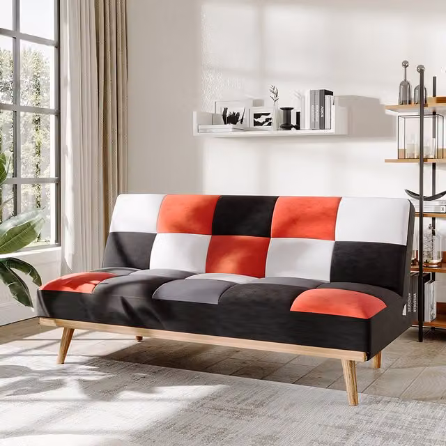 Livingandhome Red and Multicolour Checked Patchwork Fabric 3-Seater Click-Clack Sofa Bed