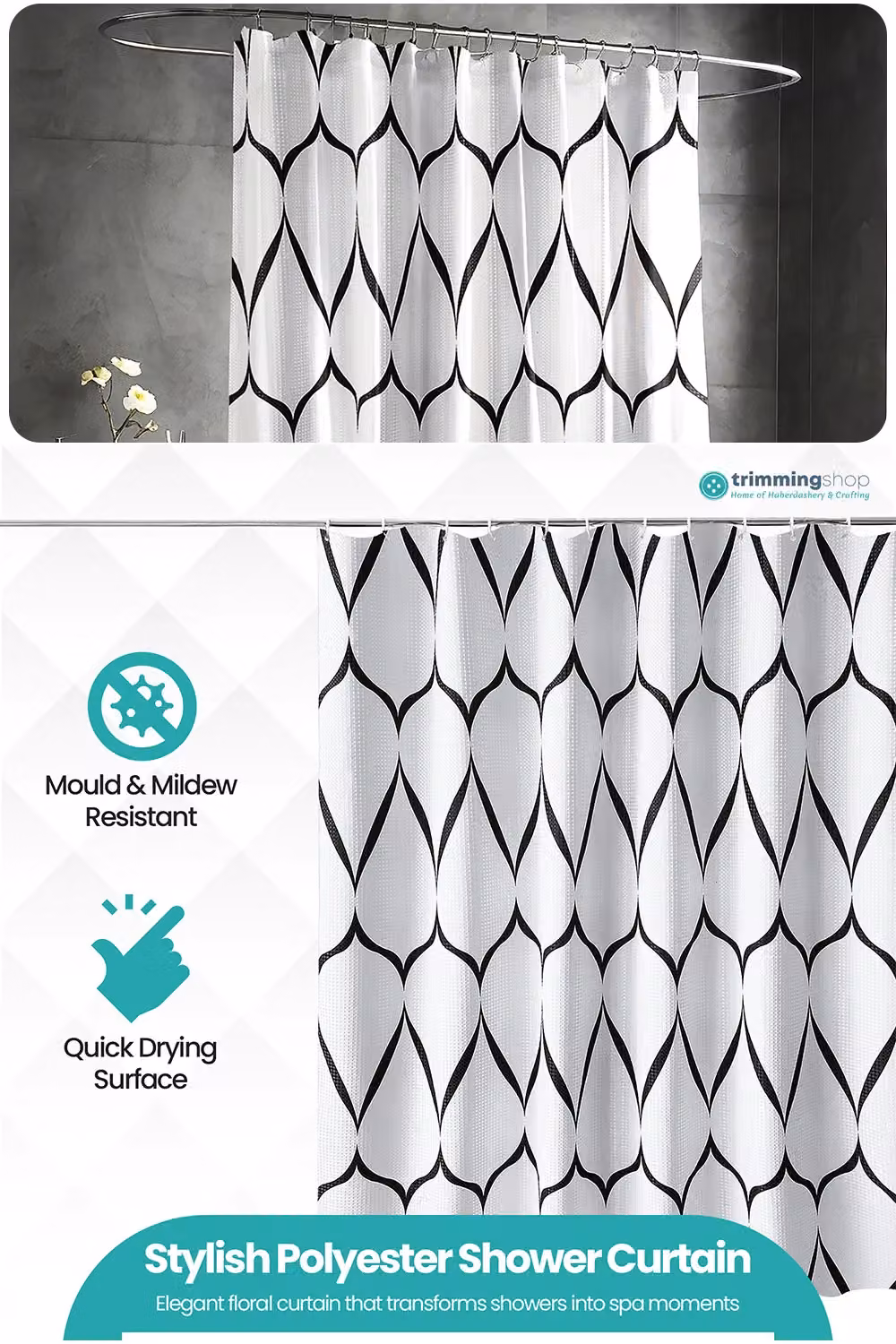 Neel Blue White Lattice Design Waterproof Polyester Bathroom Shower Curtain with Hooks, W: 180 cm, H: 200 cm – 2
