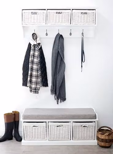 Statement Furniture Tetbury Wall Mounted Coat Rack with 3 Rattan Storage Baskets and Hanging Shelf, White, Width: 113 cm, Depth: 28 cm, Height: 43 cm – 2
