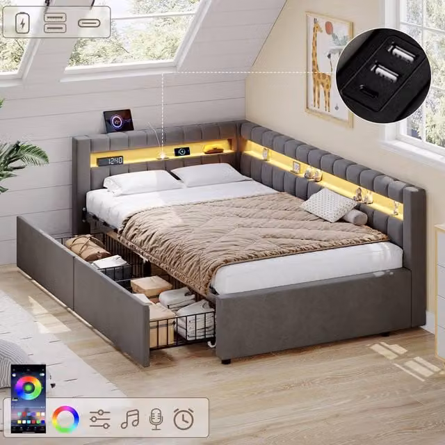 Matteo Modern Single Velvet Daybed in Grey with LED Lighting, USB Charging and Under-bed Storage Drawers, W/D/H: 90 x 190 cm