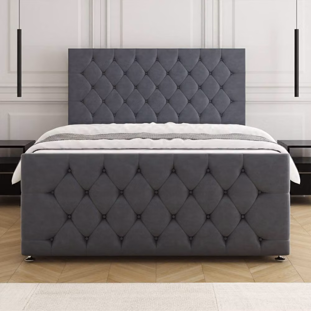 Regional Furnishings Plush Grey Velvet Upholstered Divan Bed with 24 inch Headboard and 20 inch Footboard, King Size, W: 180 cm, D: 200 cm – 2