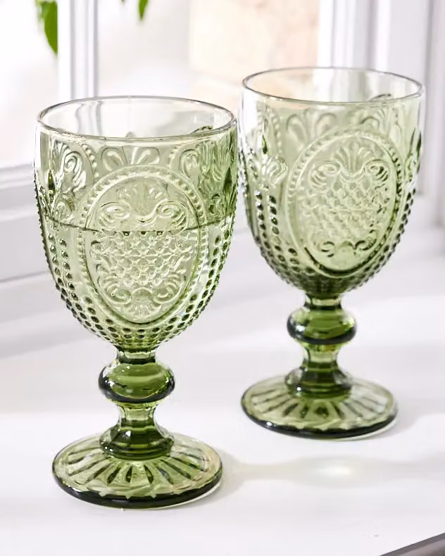 Dibor Set of 4 Green Embossed Vintage Luxury Short Tumblers and Wine Goblets, 310ml per glass – 2