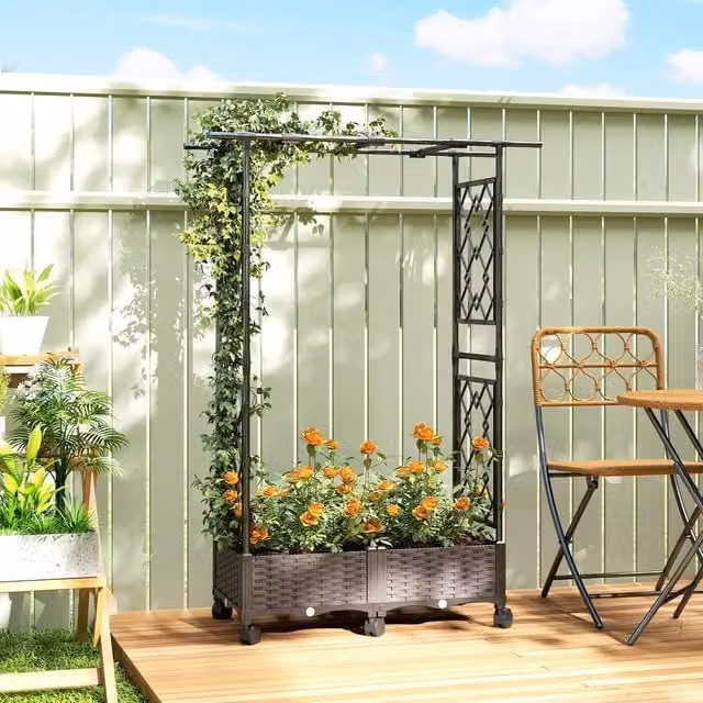 OUTSUNNY Raised Garden Bed with Arch Trellis in Black Plastic – 1