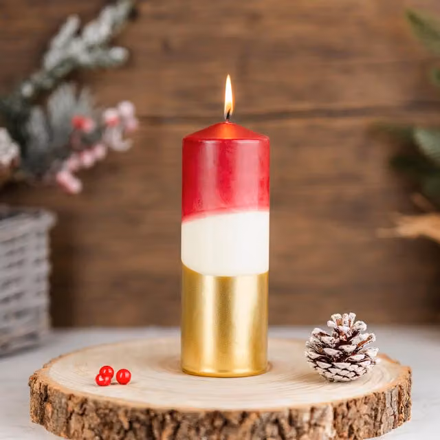 Marco Paul Christmas Dipped Dyed Pillar Candle in Red, White and Gold, Height: 19 cm