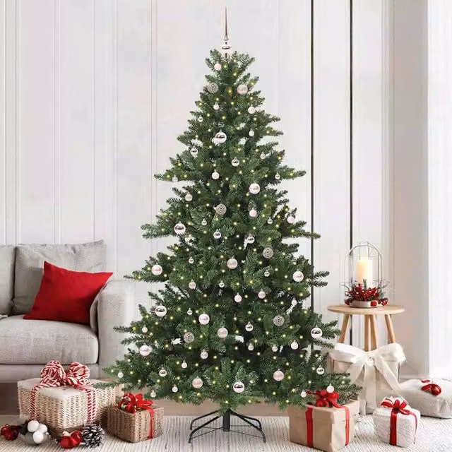 Berkfield Home Artificial Hinged Green PVC Christmas Tree with 300 Warm White LEDs, Height: 210 cm