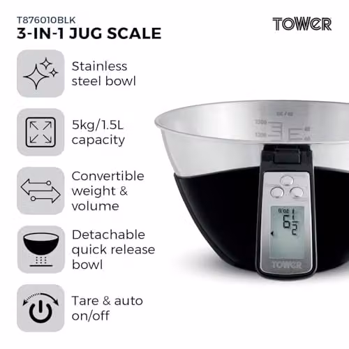 Tower 3-in-1 Digital Jug Scale with 1.5L Stainless Steel Bowl, 5kg Capacity, Black – 4