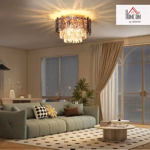HOMCOM 3-Light LED Chandelier Ceiling Light in Gold with Transparent Crystal Glass, Diameter: 40 cm – 2