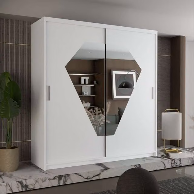 Sliding Wardrobes 4U Contemporary Double Door Sliding Wardrobe with Decorative Mirror in White, Width: 150 cm