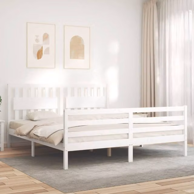 Berkfield Home Beautiful Super King Size Solid Wood Bed Frame with Headboard in White