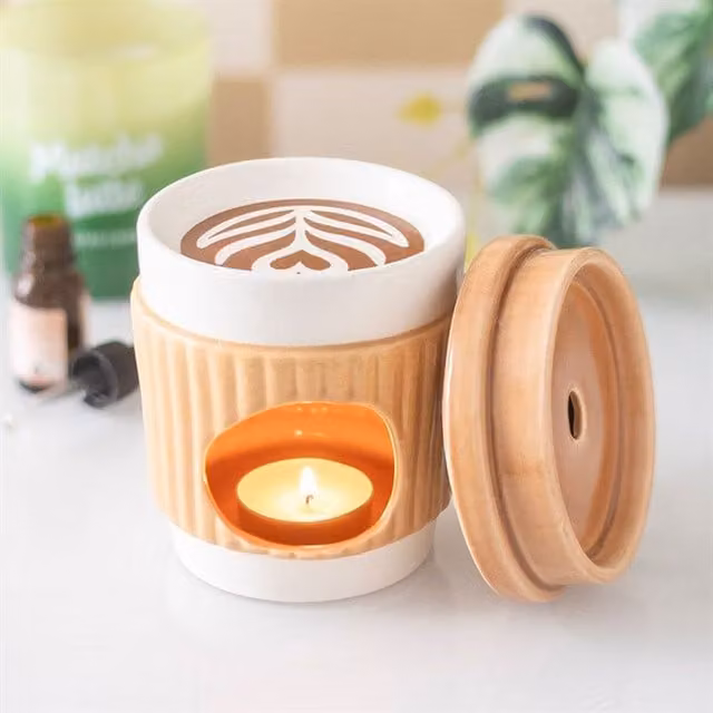 Gloriously Good Brown Ceramic Abstract Round Tabletop Tealight Coffee Lover Aromatherapy Burner