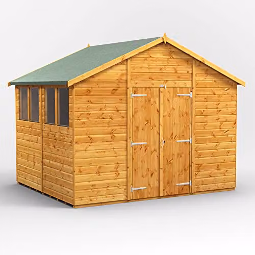 Powersheds Premium Apex Wooden Garden Shed in Natural Brown with Double Doors and Toughened Glass Windows