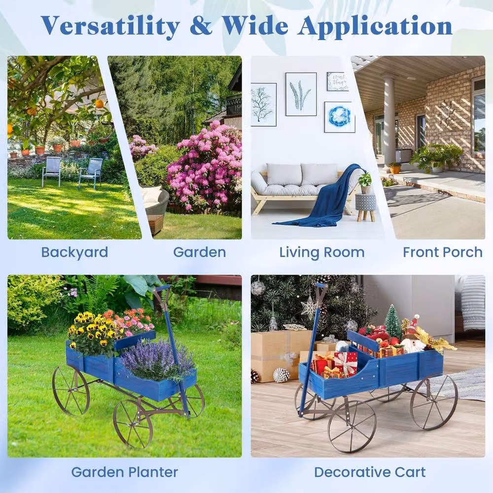 Gymax Blue Wood and Metal Decorative Wagon Flower Planter with Wheels, W/D/H: 62 x 34 x 60 cm – 6
