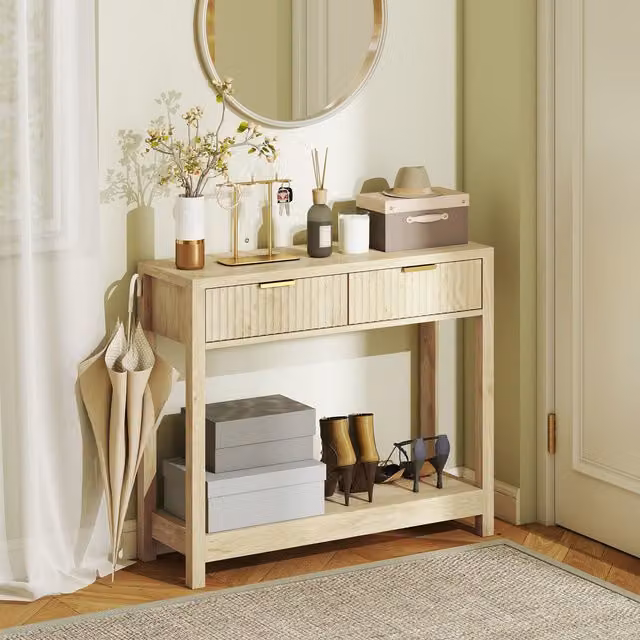 HOMCOM Modern Console Table with Fluted Panel Drawers in Beige