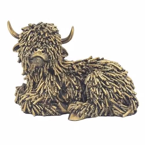 Garden Greatness Doodle Lying Highland Cow Ornament, Bronze and Multicolour Tabletop Decor, H: 26.0 cm, W: 15.0 cm, D: 26.0 cm
