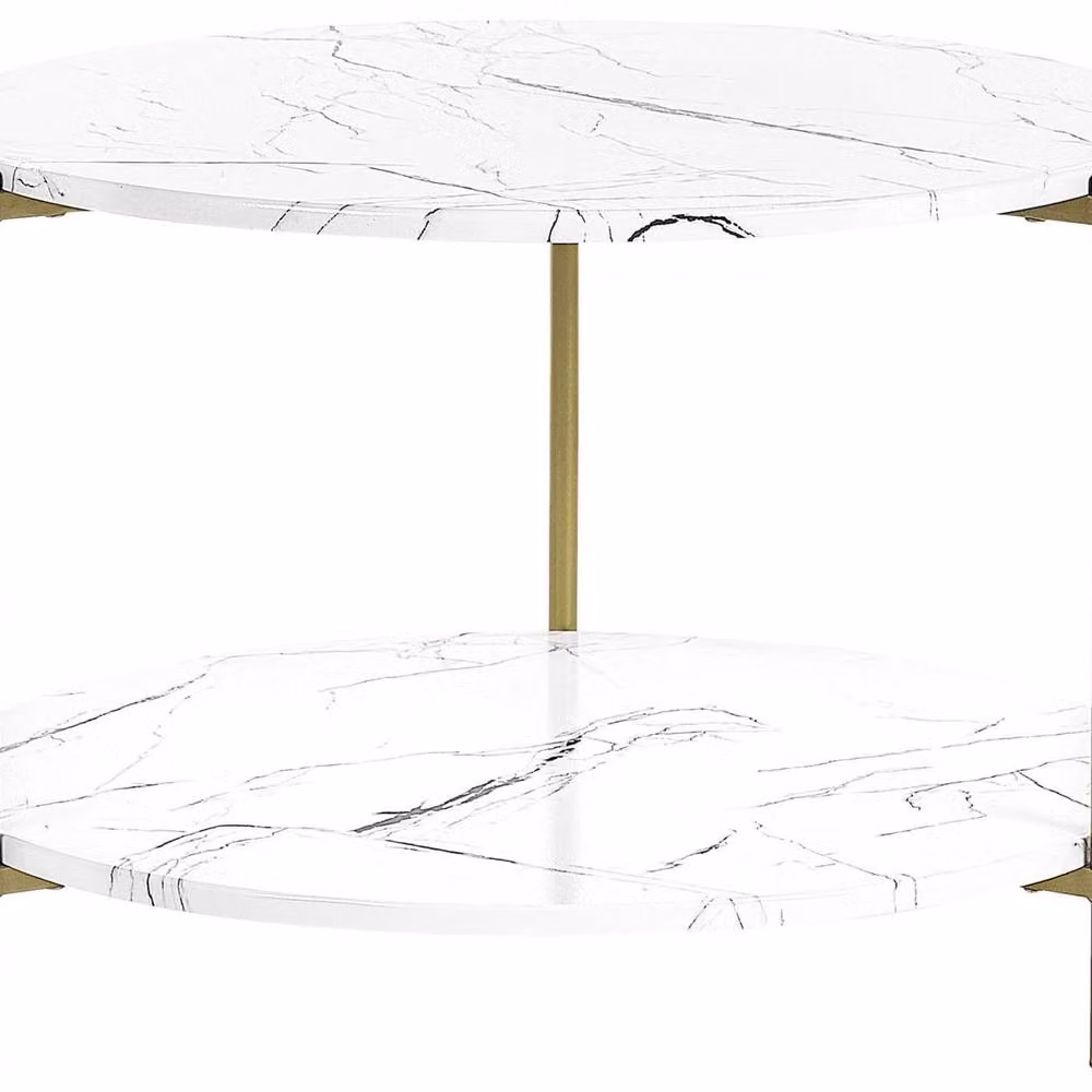 Wyld and Coco Round Marble-Effect Coffee Table with Shelf, White and Gold, W/D/H: 60 x 60 x 45 cm – 2