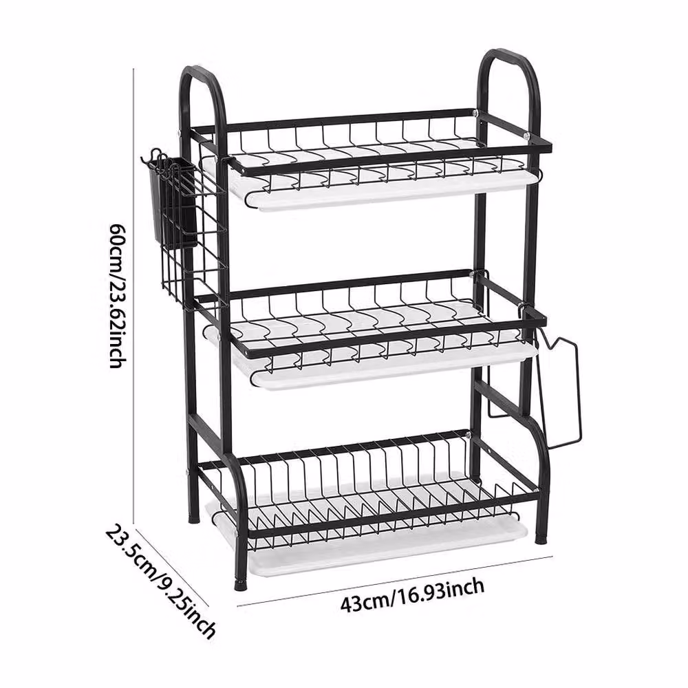 KORVIXA 3 Tier Dish Drainer Rack with Cutlery Holder and Drip Tray in Black Coated Steel – 2