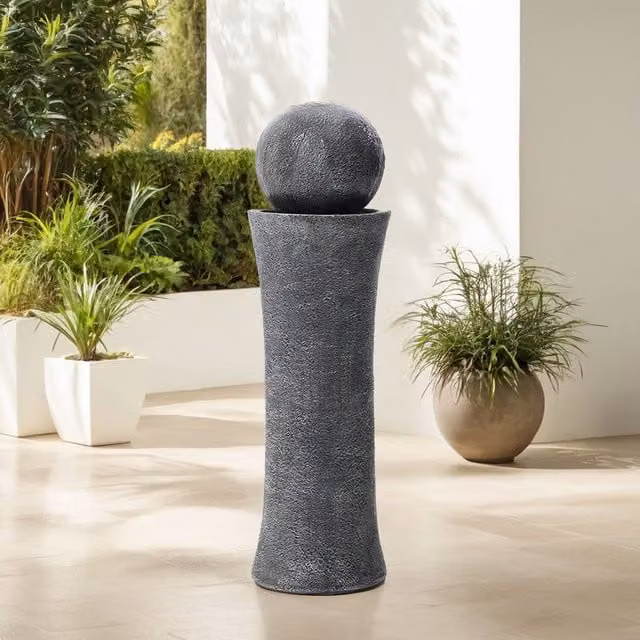 Breeins Modern Round Cylindrical Water Sphere Fountain in Grey and Black