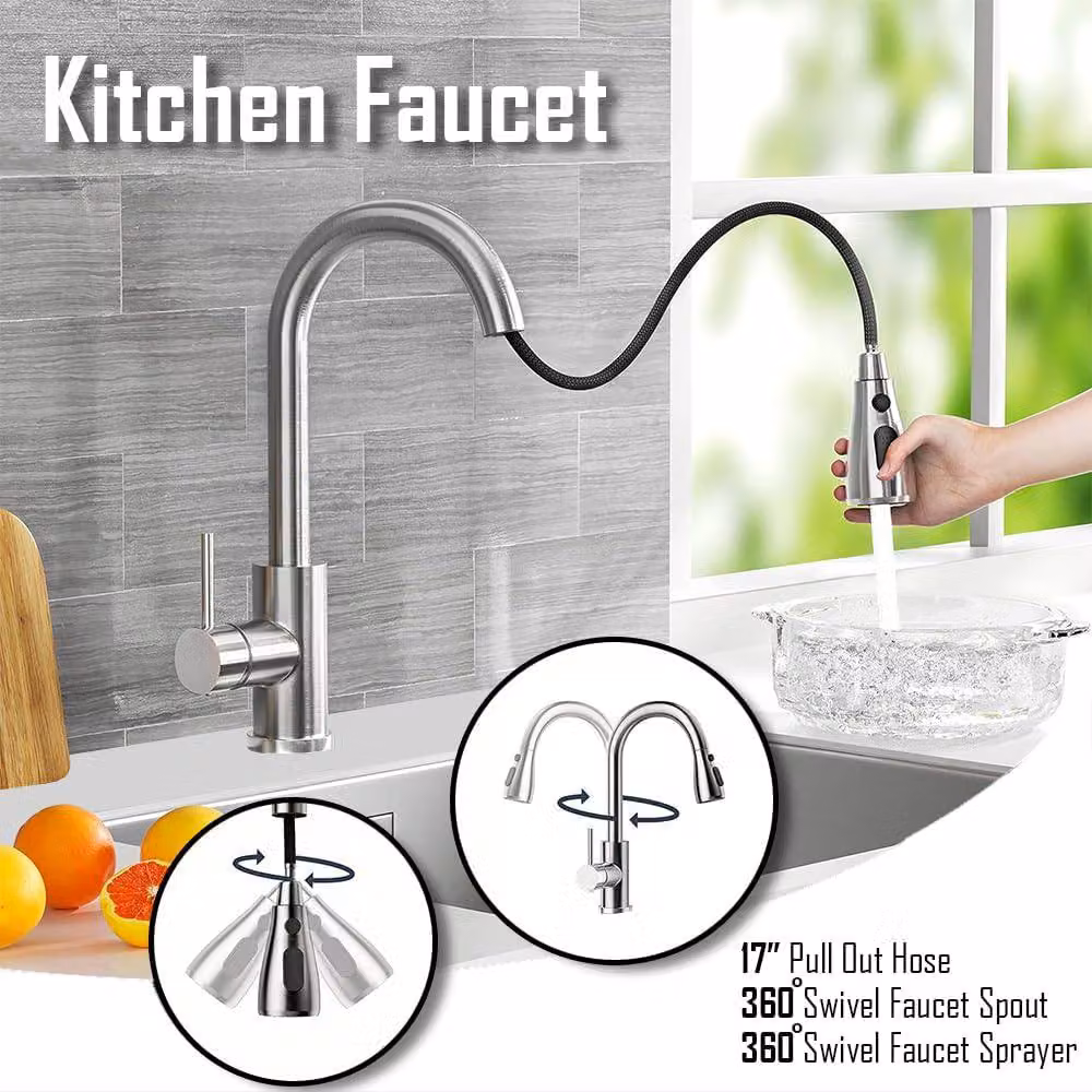 Ventryn Silver Modern Kitchen Mixer Tap with Single Lever and Brushed Steel Pull Out Swivel Spout – 5