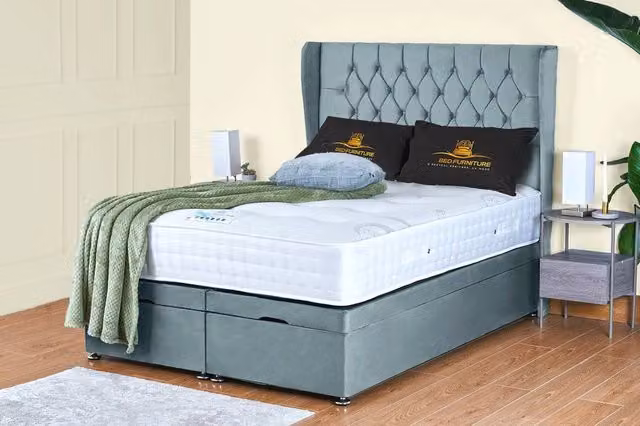 UK Bed Furniture Bronte End Lift Divan Ottoman Storage Bed with 54 Inch Headboard in Light Blue, W/D/H: 90 x 200 cm