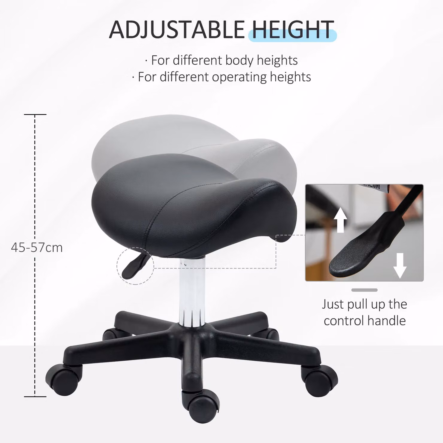 HOMCOM Adjustable Rolling Saddle Stool in Black with Synthetic Leather and Metal Frame – 3