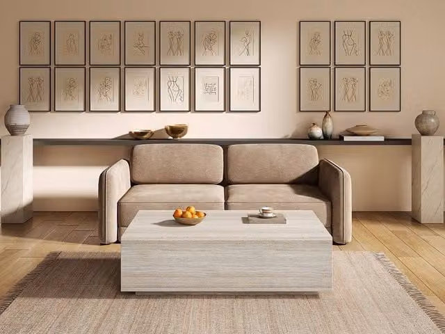 Vente-unique Coffee Table with 2 Drawers in Beige Travertine Effect MDF, W: 120 cm