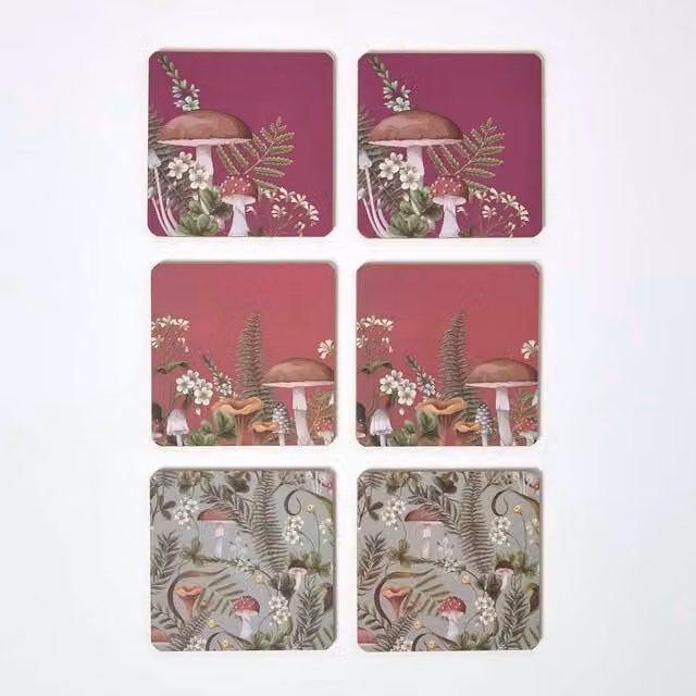 Homescapes Set of 6 Square Cork Coasters with Floral Mushroom Design in Multicolour Red, Green and Orange with Holder