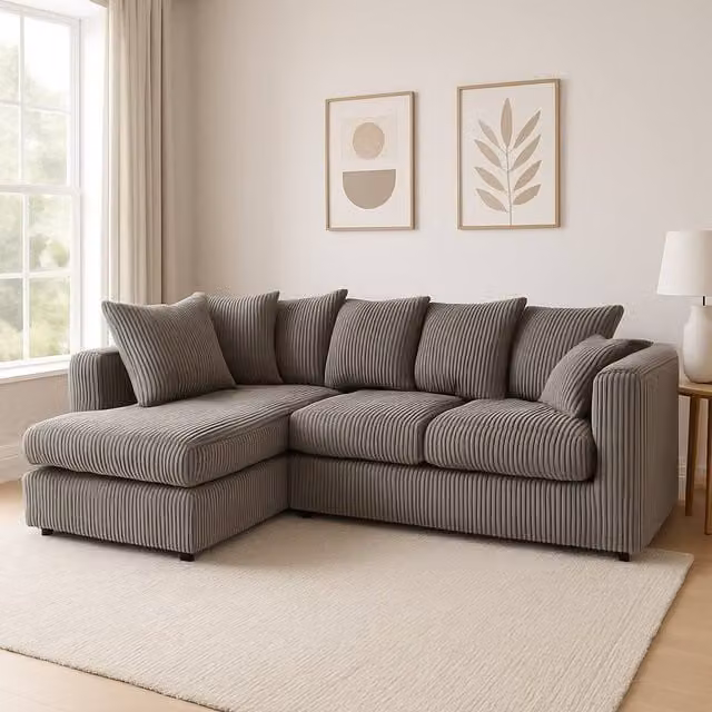 SquareBoxx Asher Jumbo Cord Corner Sofa with Left Hand Facing Chaise in Grey