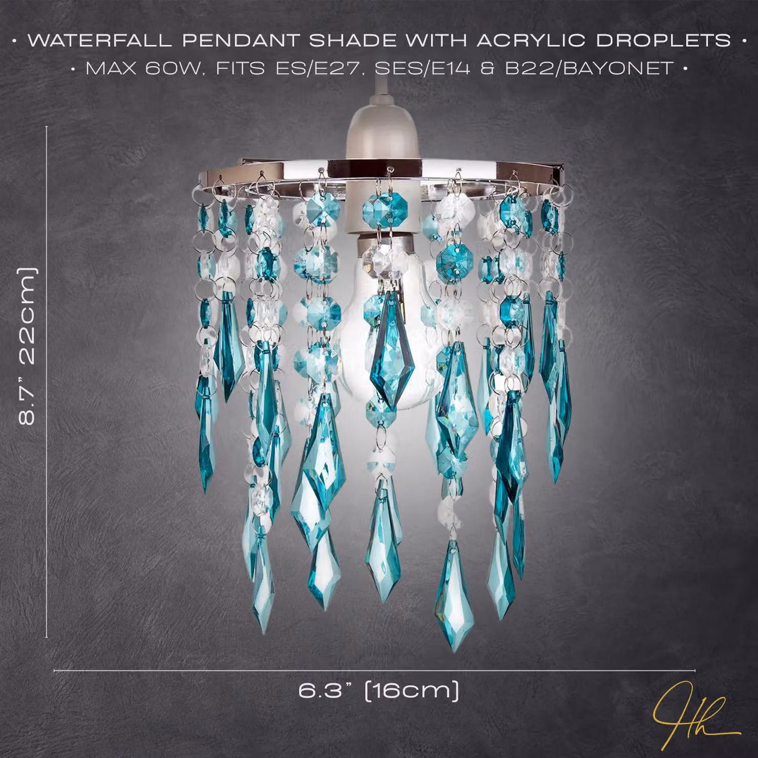 Happy Homewares Modern Waterfall Design Pendant Shade with Acrylic Droplets and Beads in Petrol Blue – 3