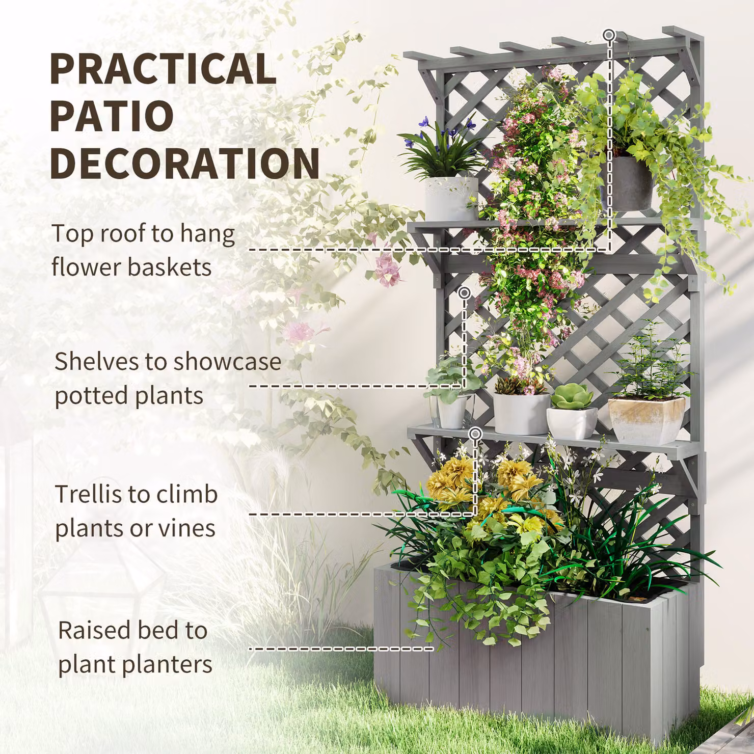 Outsunny Grey Wooden Raised Bed Planter with Trellis, Shelves and 52L Capacity for Climbing Plants and Vegetables – 4
