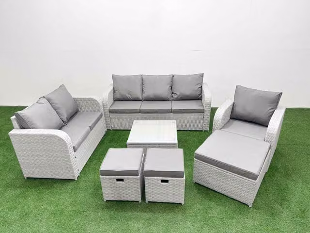 Fimous Patio 9 Seater Rattan Outdoor Furniture Set in Light Grey with Square Coffee Table, 3 Seater Sofa, Loveseat, Reclining Chairs and Ottoman