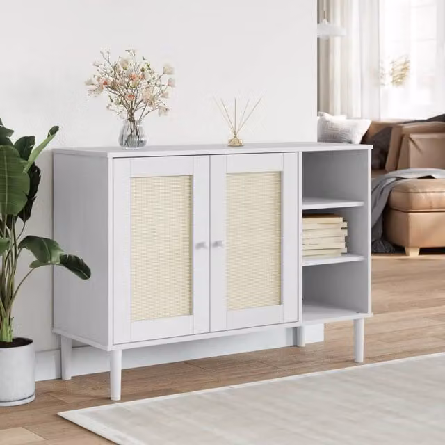 Berkfield Home Senja Sideboard in White Rattan Look Solid Pine Wood, W/D/H: 112 x 40 x 80 cm