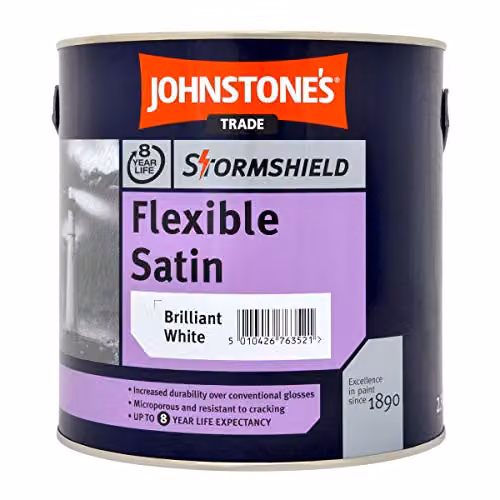 Johnstone's Stormshield Flexible Satin Brilliant White Wood Paint, 2.5 l