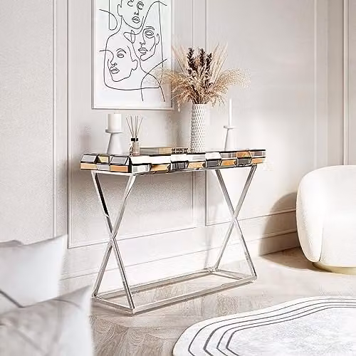 CARME HOME Knightsbridge Mirrored Console Table in Gold and Silver, W: 110 cm, D: 40 cm, H: 78 cm – 1