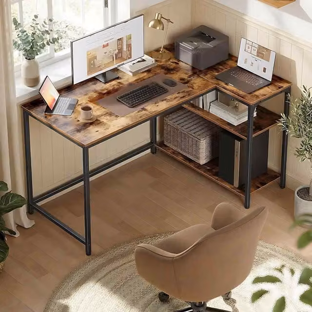 The Bazaarist L-Shaped Corner Computer Workstation in Rustic Brown