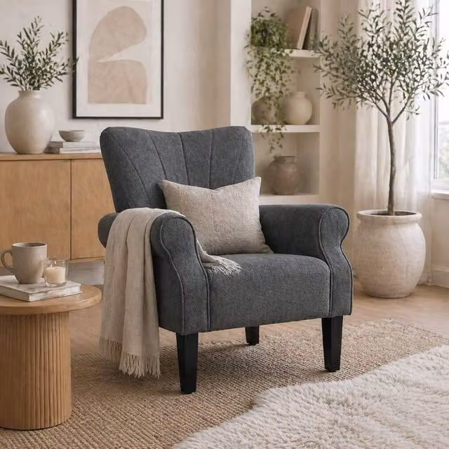 Wyld Haus Suri Mid Century Grey Fabric Accent Armchair with Rubberwood Legs – 1