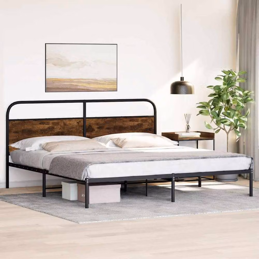 Berkfield Home Metal Bed Frame in Smoked Oak Brown, W: 183 cm, D: 213 cm – 3