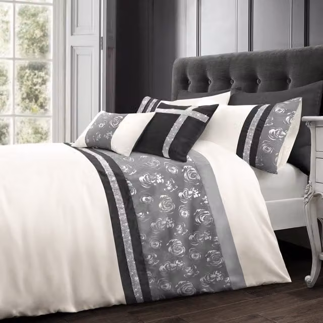 Velosso Black and Silver Floral Silk Duvet Cover and Pillowcase Set, W: 200 cm x D: 200 cm