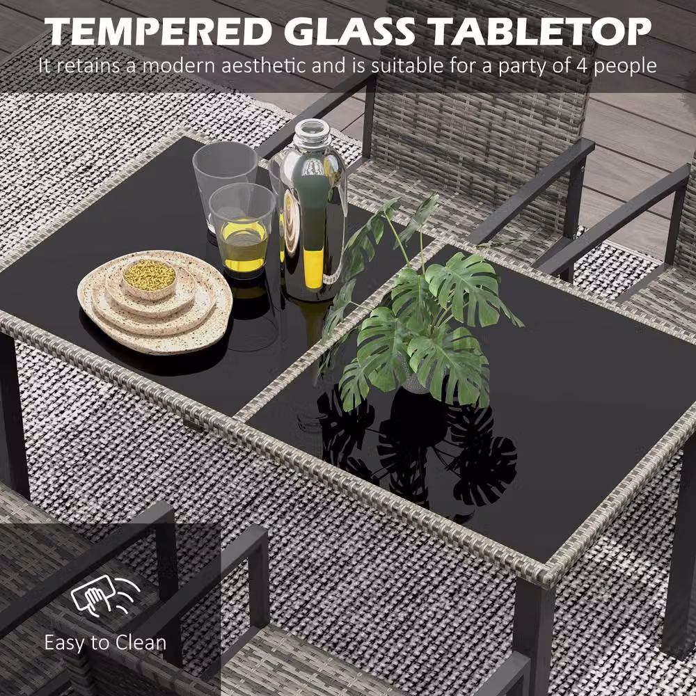 STILVORA 5-Piece Modern Dining Set with Grey Glossy Tempered Glass Rectangular Table and Powder Coated Steel Chairs – 4