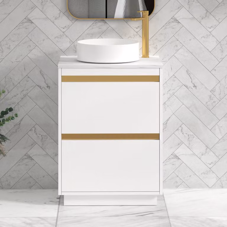 Royal Bathrooms Orion 800mm Matt White Floor Standing Countertop Vanity Unit with 2 Drawers, Art Basin and Brushed Brass Accent Trim