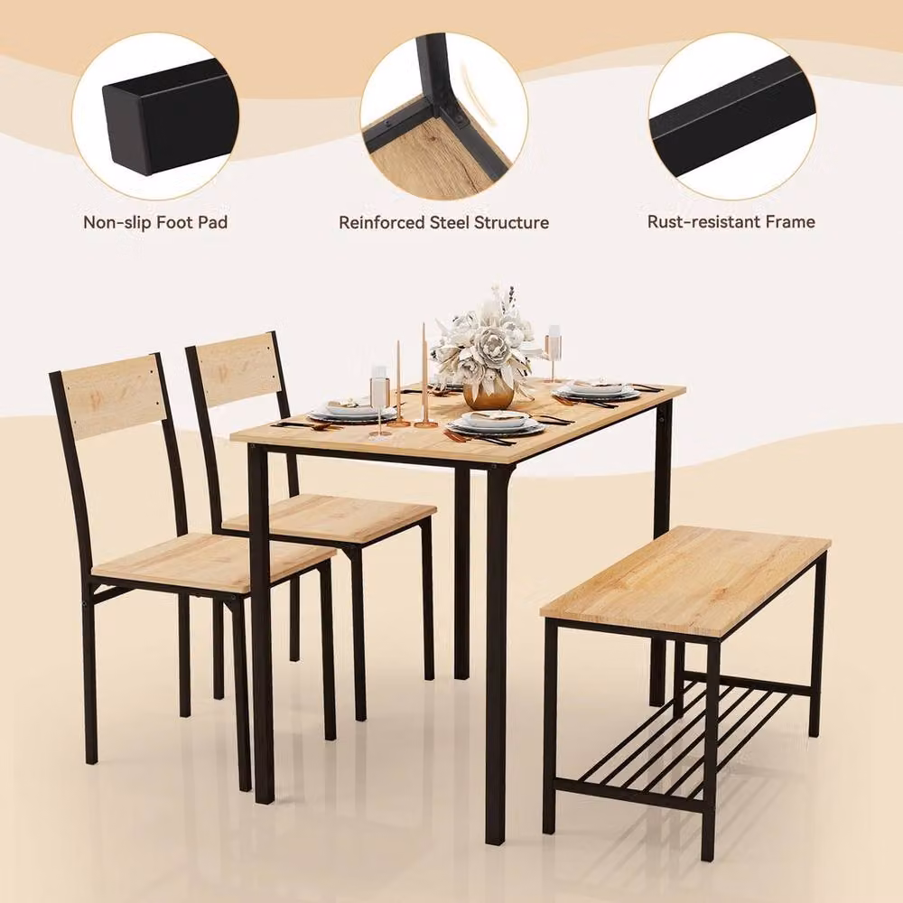 VOGREX 4-Piece Industrial Dining Set with Square Table, 2 Chairs and Bench in Beige, Brown and Black – 4