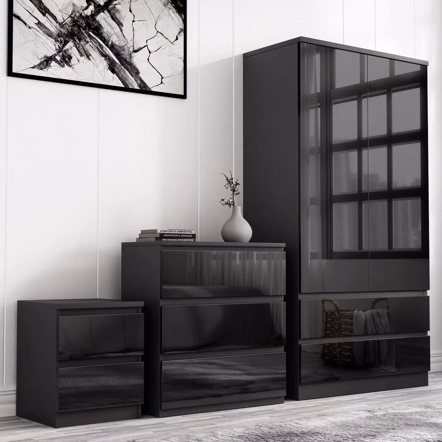 DHS Modern High Gloss 3 Piece Bedroom Set in Black