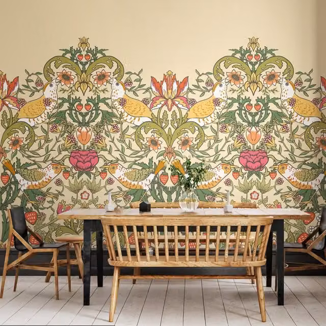 Origin Murals Birds, Fruit and Foliage Art Nouveau Wall Mural in Gold and Yellow