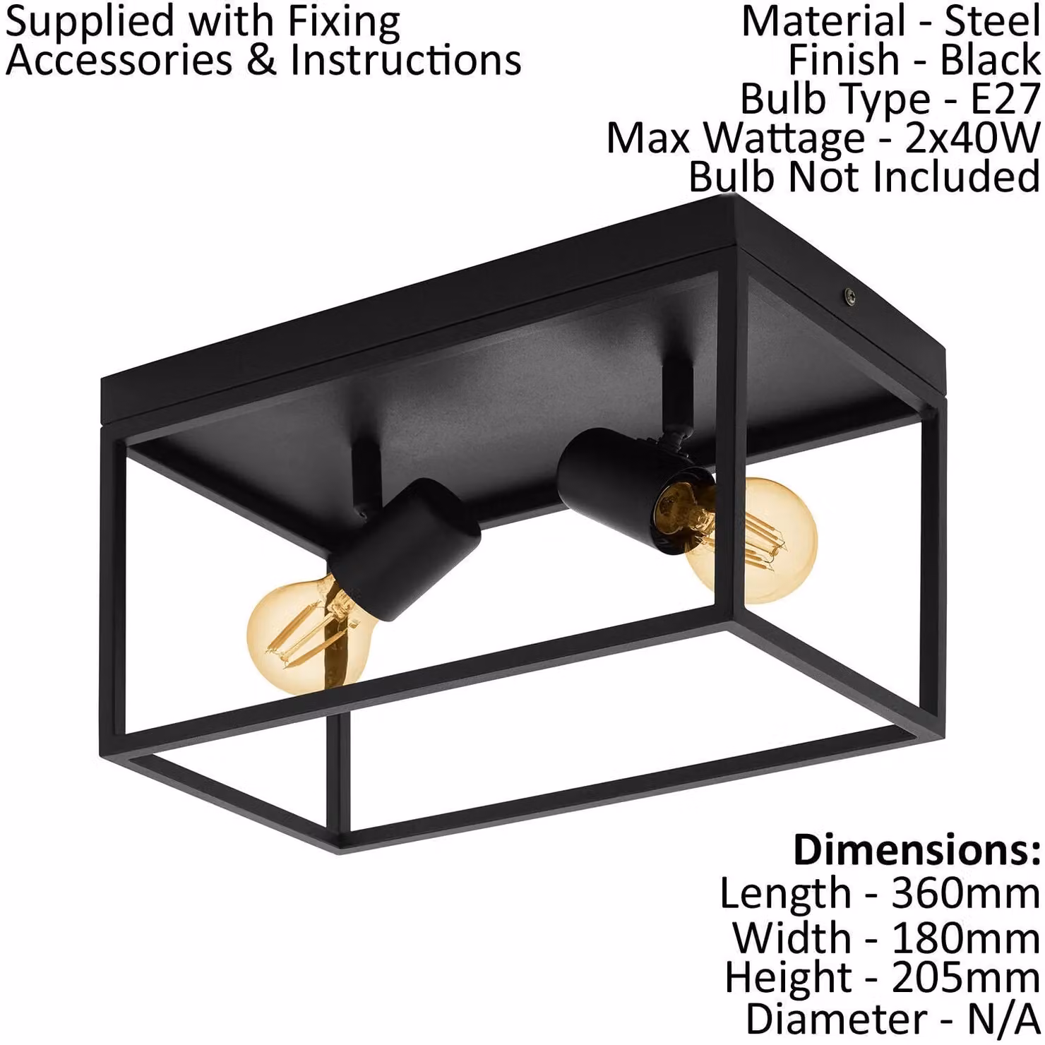 Loops Black Metal Open Frame Flush Ceiling Light with 2x E27 Holders – 2